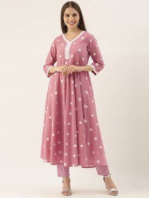 Mauve cotton printed stitched   kurta & trouser 1