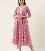 Mauve cotton printed stitched   kurta & trouser