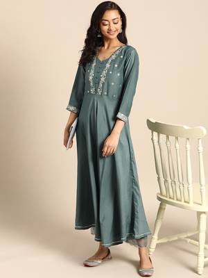 Teal cotton printed stitched   kurta & trouser 1