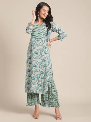 blue cotton printed stitched   kurta & trouser 1