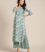blue cotton printed stitched   kurta & trouser