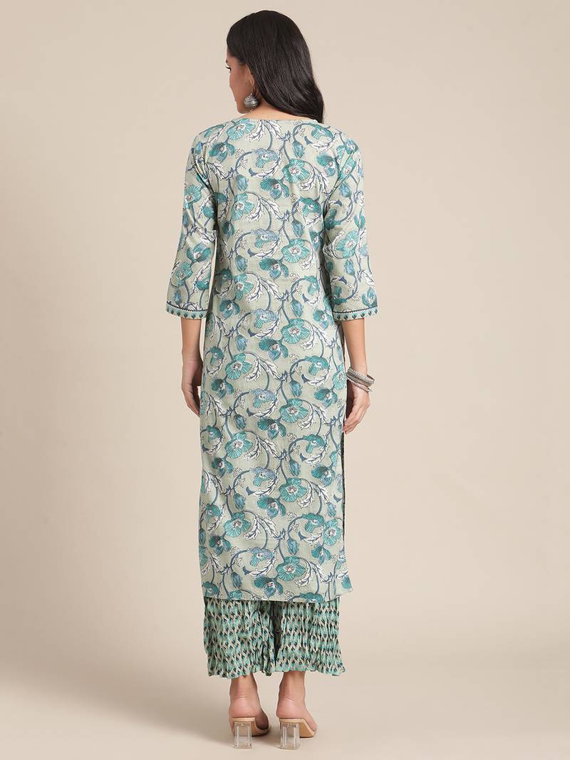 blue cotton printed stitched   kurta & trouser