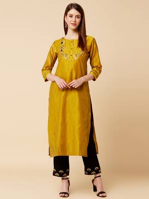 Mustard cotton printed stitched   kurta & trouser 1