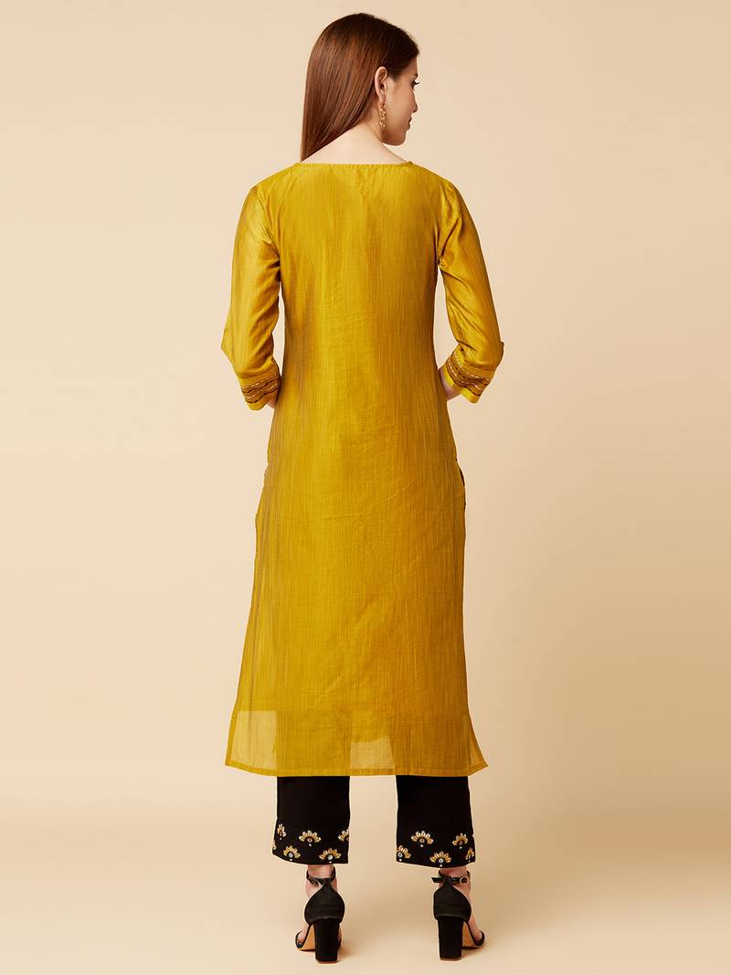 Mustard cotton printed stitched   kurta & trouser