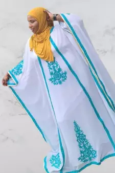 White Ari Stone Work Georgette Islamic Style Beads Embedded Partywear Kaftan Long Gown Evening wear Dubai kaftan