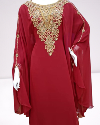 Maroon Zari Stone Work Georgette Islamic Style Beads Embedded Partywear Kaftan Long Gown Evening wear Dubai kaftan 3
