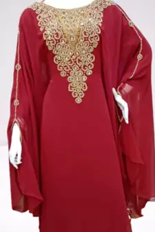 Maroon Zari Stone Work Georgette Islamic Style Beads Embedded Partywear Kaftan Long Gown Evening wear Dubai kaftan