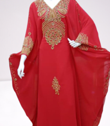 Red Zari Stone Work Georgette Islamic Style Beads Embedded Partywear Kaftan Long Gown Evening wear Dubai kaftan