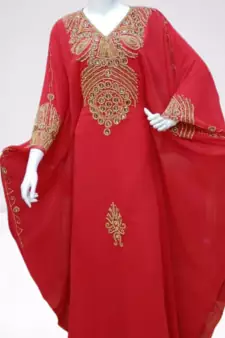 Red Zari Stone Work Georgette Islamic Style Beads Embedded Partywear Kaftan Long Gown Evening wear Dubai kaftan