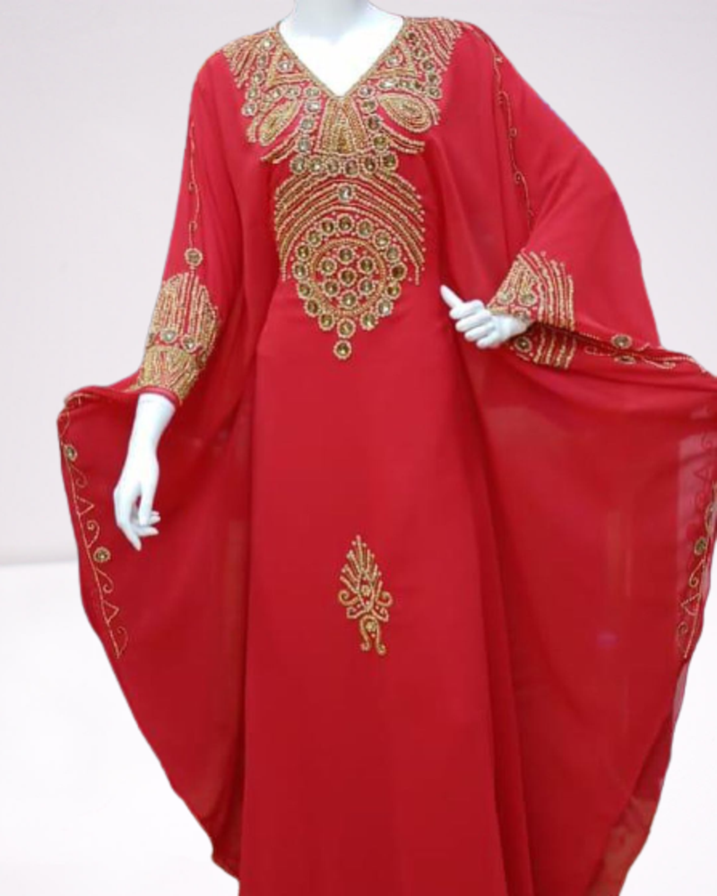 Red Zari Stone Work Georgette Islamic Style Beads Embedded Partywear Kaftan Long Gown Evening wear Dubai kaftan