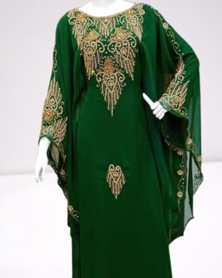 Green Zari Stone Work Georgette Islamic Style Beads Embedded Partywear Kaftan Long Gown Evening wear Dubai kaftan 1
