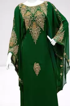 Green Zari Stone Work Georgette Islamic Style Beads Embedded Partywear Kaftan Long Gown Evening wear Dubai kaftan