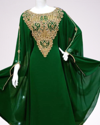 Green Zari Stone Work Georgette Islamic Style Beads Embedded Partywear Kaftan Long Gown Evening wear Dubai kaftan 1