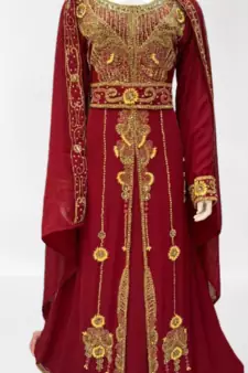 Maroon Zari Stone Work Georgette Islamic Style Beads Embedded Partywear Kaftan Long Gown Evening wear Dubai kaftan