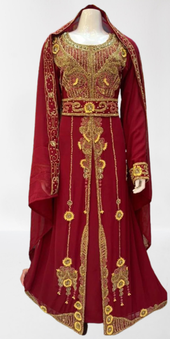 Maroon Zari Stone Work Georgette Islamic Style Beads Embedded Partywear Kaftan Long Gown Evening wear Dubai kaftan
