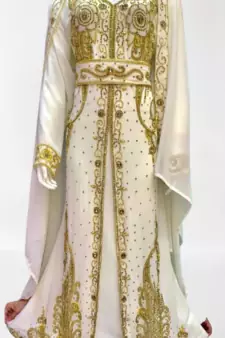 White Zari Stone Work Georgette Islamic Style Beads Embedded Partywear Kaftan Long Gown Evening wear Dubai kaftan