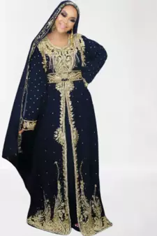 Navy Blue Zari Stone Work Georgette Islamic Style Beads Embedded Partywear Kaftan Long Gown Evening wear Dubai kaftan