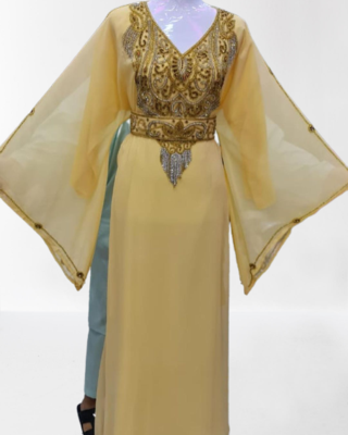 Beige Zari Stone Work Georgette Islamic Style Beads Embedded Partywear Kaftan Long Gown Evening wear Dubai kaftan 1