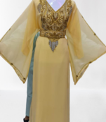 Beige Zari Stone Work Georgette Islamic Style Beads Embedded Partywear Kaftan Long Gown Evening wear Dubai kaftan