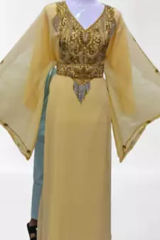 Beige Zari Stone Work Georgette Islamic Style Beads Embedded Partywear Kaftan Long Gown Evening wear Dubai kaftan