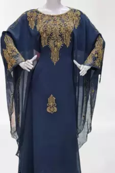 Navy Blue Zari Stone Work Georgette Islamic Style Beads Embedded Partywear Kaftan Long Gown Evening wear Dubai kaftan