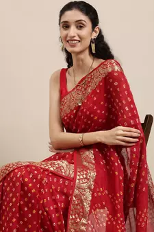Handcrafted Red Bandhani Jacquard Silk Saree
