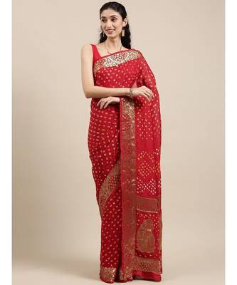 Handcrafted Red Bandhani Jacquard Silk Saree 1