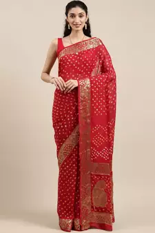 Handcrafted Red Bandhani Jacquard Silk Saree
