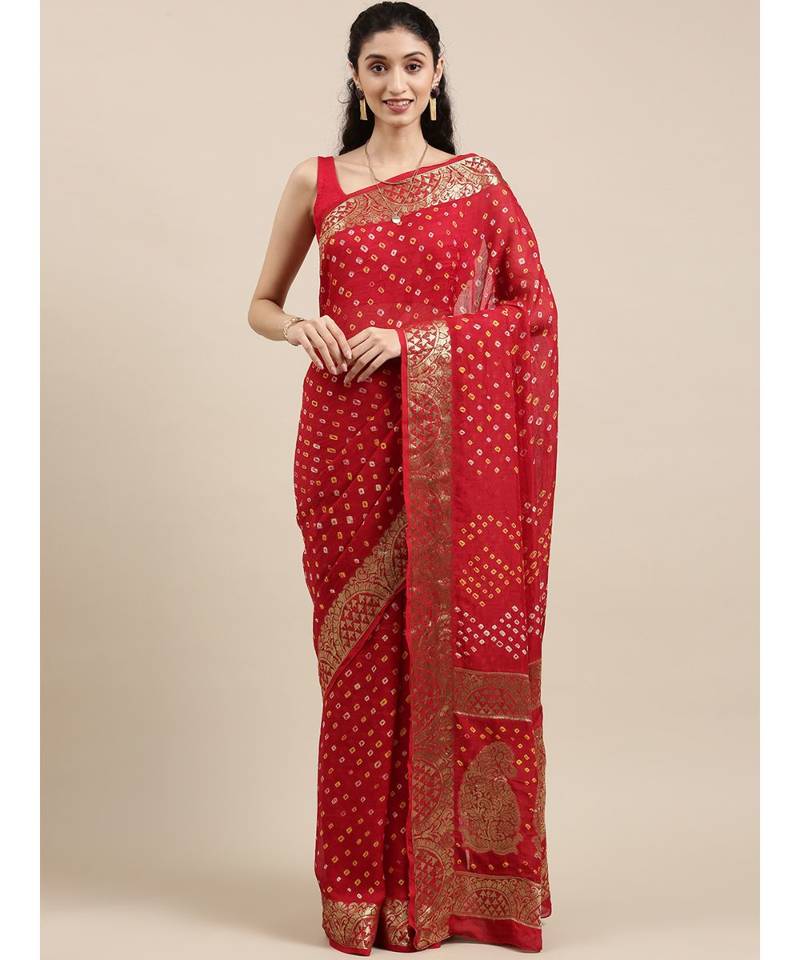 Handcrafted Red Bandhani Jacquard Silk Saree