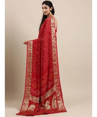 Handcrafted Red Bandhani Jacquard Silk Saree 4