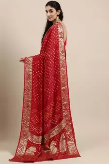 Handcrafted Red Bandhani Jacquard Silk Saree