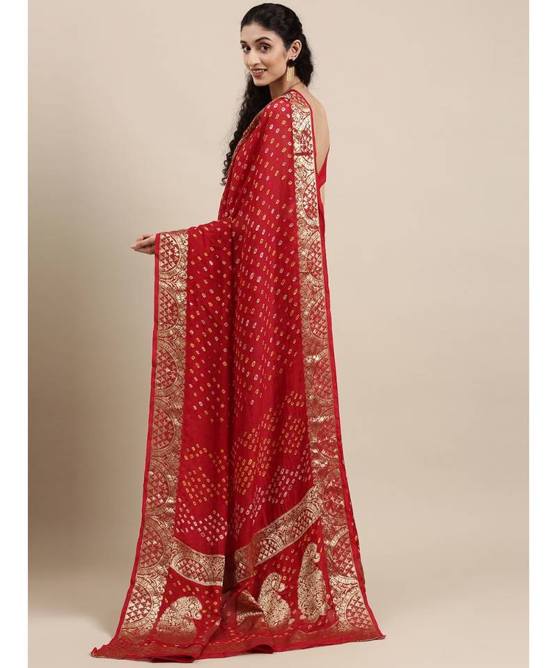 Handcrafted Red Bandhani Jacquard Silk Saree
