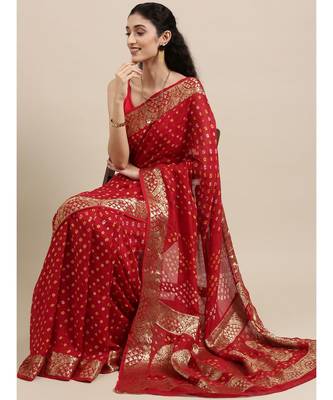 Handcrafted Red Bandhani Jacquard Silk Saree 5