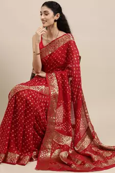 Handcrafted Red Bandhani Jacquard Silk Saree