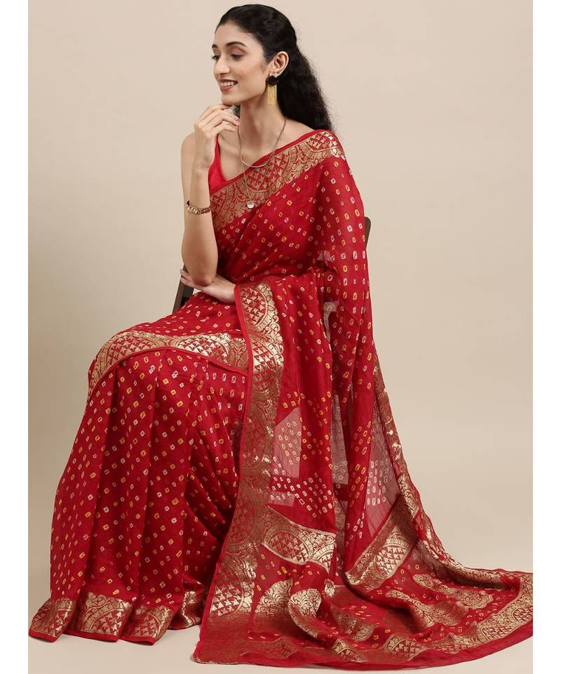 Handcrafted Red Bandhani Jacquard Silk Saree