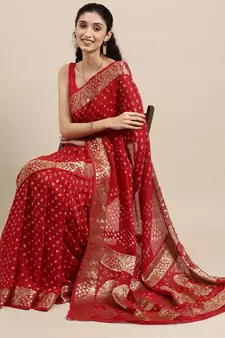 Handcrafted Red Bandhani Jacquard Silk Saree