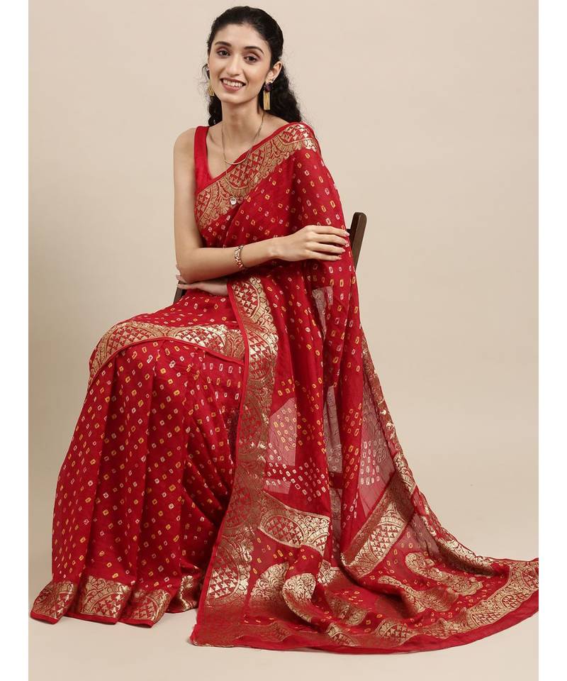 Handcrafted Red Bandhani Jacquard Silk Saree