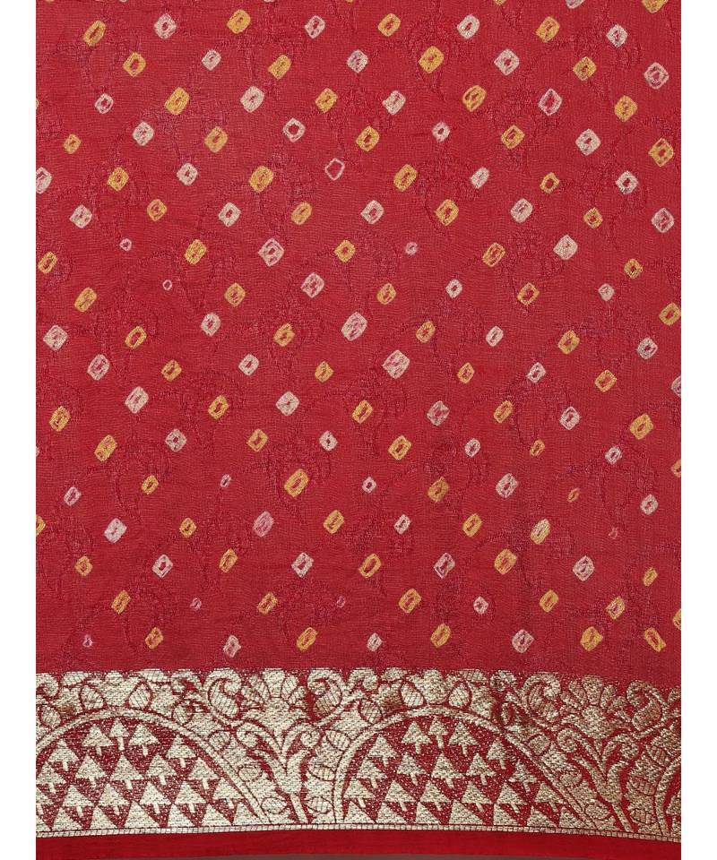 Handcrafted Red Bandhani Jacquard Silk Saree