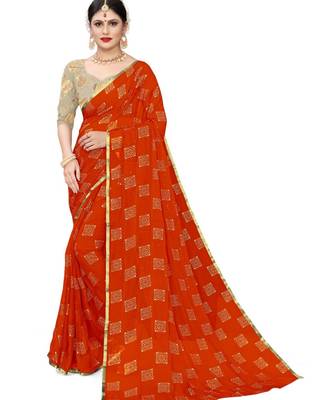 Orange Fancy Work Chiffon Office Wear Saree With Blouse 1