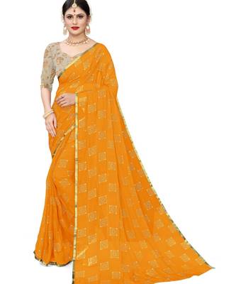 Yellow Fancy Work Chiffon Office Wear Saree With Blouse 1