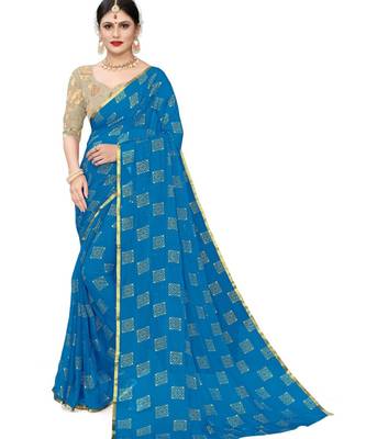Sky Blue Fancy Work Chiffon Office Wear Saree With Blouse 1