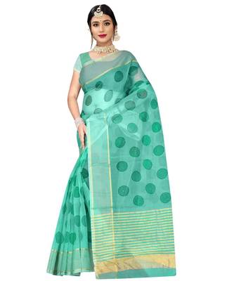 Turquoise Blue Zari Line Round Designer Cotton Sarees With Blouse 1