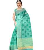 Turquoise Blue Zari Line Round Designer Cotton Sarees With Blouse
