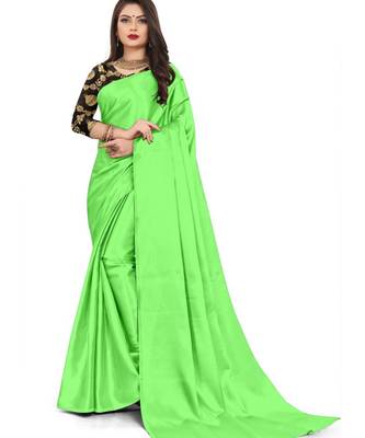 Sea Green Rich Satin Traditional Wear Plain Saree With Blouse 1