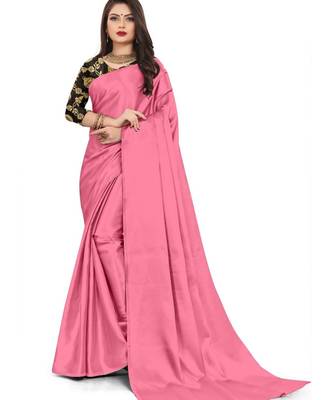 Light Pink Rich Satin Traditional Wear Plain Saree With Blouse 1