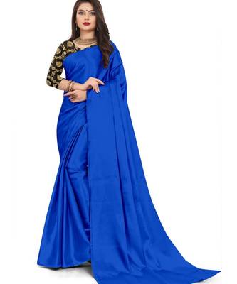 Blue Rich Satin Traditional Wear Plain Saree With Blouse 1