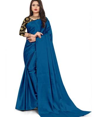 Rama Blue Rich Satin Traditional Wear Plain Saree With Blouse 1