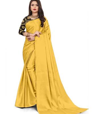 Light Yellow Rich Satin Traditional Wear Plain Saree With Blouse 1