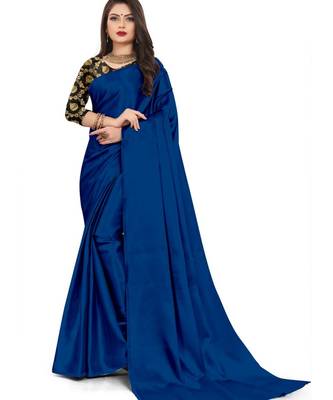 Navy Blue Rich Satin Traditional Wear Plain Saree With Blouse 1