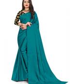 Teal Blue Rich Satin Traditional Wear Plain Saree With Blouse